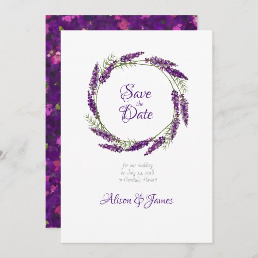 Lavander Kranzhochzeit speichern das Datum Save The Date (Vorne/Hinten)