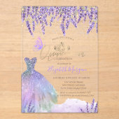 Lavander,String Lights,Glitter Dress Quinceanera Acryleinladungen (Vorderseite)