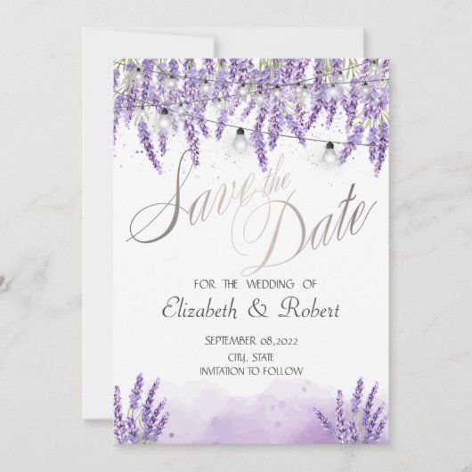 Lavander String Lights Save The Date (Vorderseite)