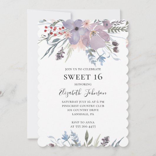 Lavendel 16. Lila blumengeschmückter 16. Einladung (Vorderseite)
