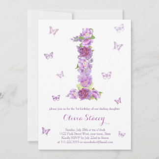 Lavendel 1. Geburtstag Einladung mit Schmetterling