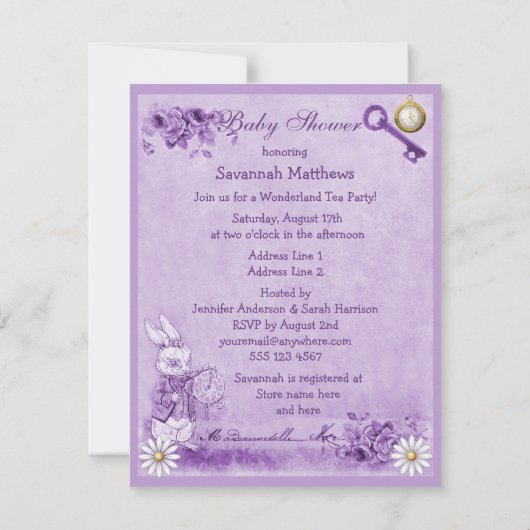 Lavendel-Alice im Wunderland-Tee-Party-Baby-Dusche Einladung (Rückseite)