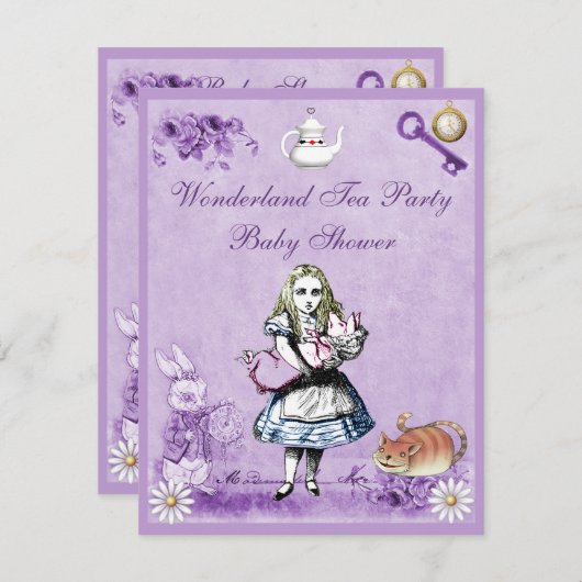 Lavendel-Alice im Wunderland-Tee-Party-Baby-Dusche Einladung (Vorne/Hinten)