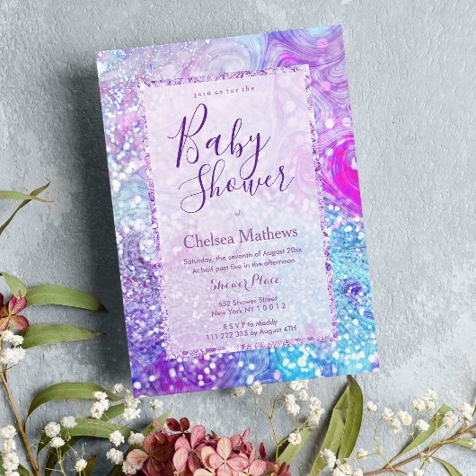 Lavendel aquamariner lila Marmor Glitzer Babydusch Einladung