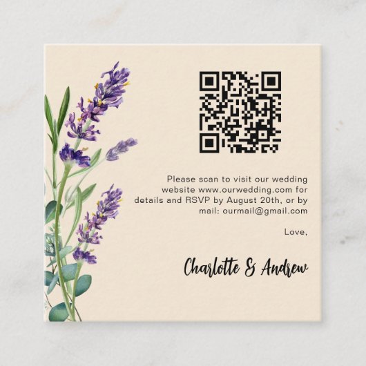 Lavendel beige QR Code Hochzeit RSVP Begleitkarte (Vorderseite)