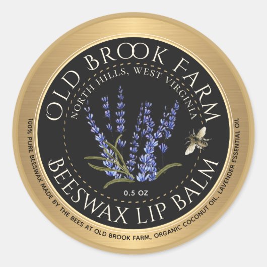 Lavendel Bienenwachs Lip Balm Gold Schwarz mit Bie Runder Aufkleber (Vorderseite)