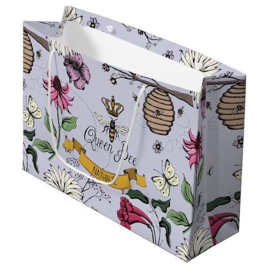 Lavendel, Black and Gold Queen Bee, Royal Crown Große Geschenktüte (Vorderseite Schrägansicht)