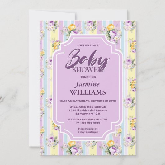 Lavendel Bläserstreifen Babydusche Einladung (Vorderseite)