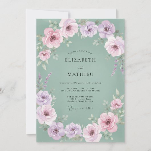 Lavendel Blassgrüne Florale Hochzeit Einladung (Vorderseite)
