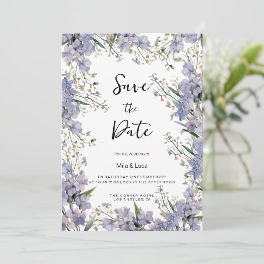 Lavendel-Blaue-Minze-Blume Save the Date Einladung (Stehend Vorderseite)