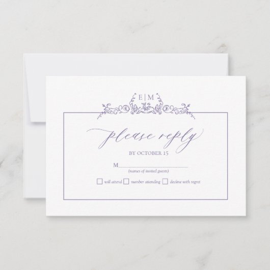 Lavendel Bloral Border Monogram Wedding RSVP Card Karte (Vorderseite)