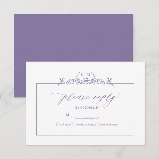 Lavendel Bloral Border Monogram Wedding RSVP Card Karte (Vorne/Hinten)