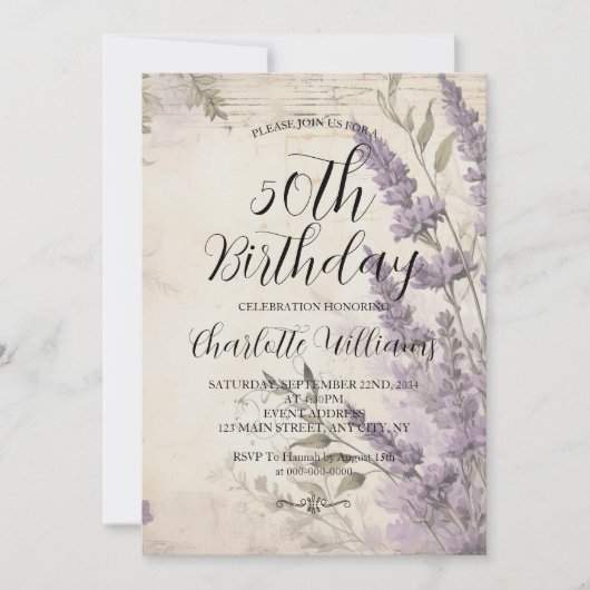 Lavendel Blume Frauen 50. Geburtstag Einladung (Vorderseite)
