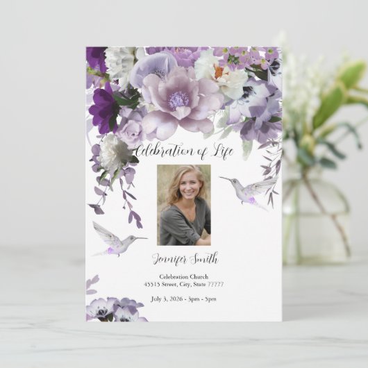 Lavendel Blume Hummingbird Einladung (Stehend Vorderseite)