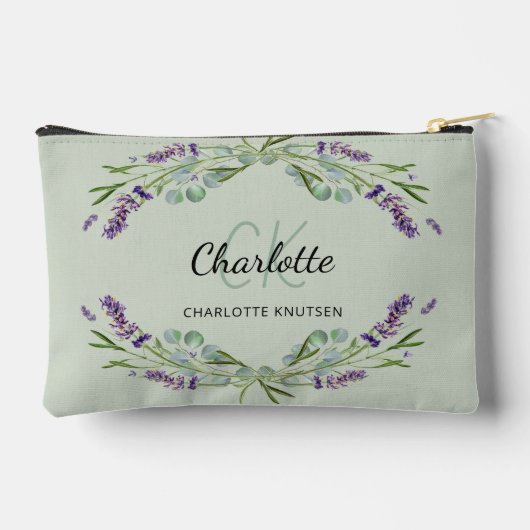 Lavendel-Blume Salbeigrün-Monogramm Zubehörtasche (Rückseite)