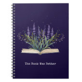 Lavendel-Blume wächst aus dem Buchlesekonzept Notizblock (Vorderseite)