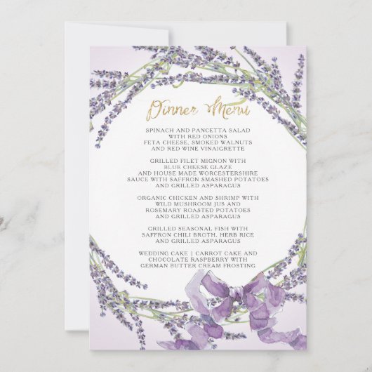 Lavendel Blume Wreath French Gold Dinner Menu Einladung (Vorderseite)