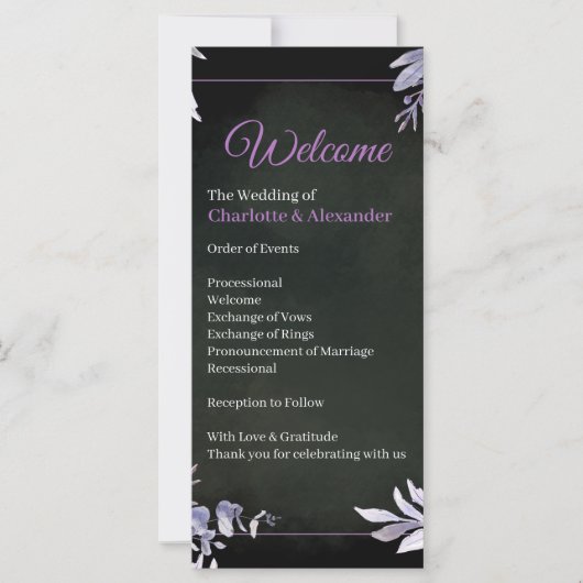 Lavendel-Blumen-Gotische-Hochzeitsprogramm (Vorderseite)