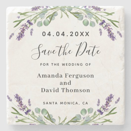 Lavendel Blumen Hochzeit speichern das Datum Steinuntersetzer (Vorderseite)