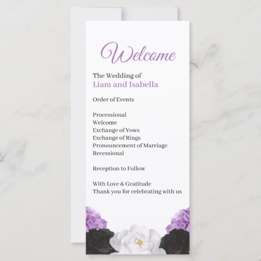Lavendel-Blumen-Hochzeitsprogrammkarte (Vorderseite)
