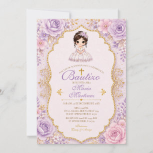 Lavendel-Blumen-Mädchen-Bautizo-Einladung mit Gold Einladung