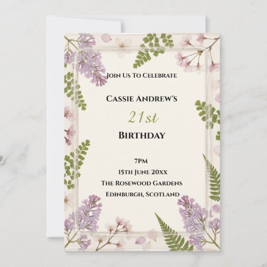 Lavendel-Blumen-Meilenstein-Geburtstag Einladung (Vorderseite)