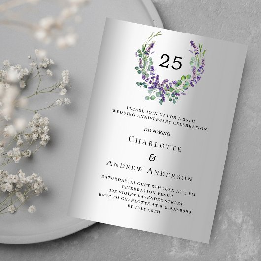 Lavendel Blumen Silber 25. Hochzeitstag Einladung