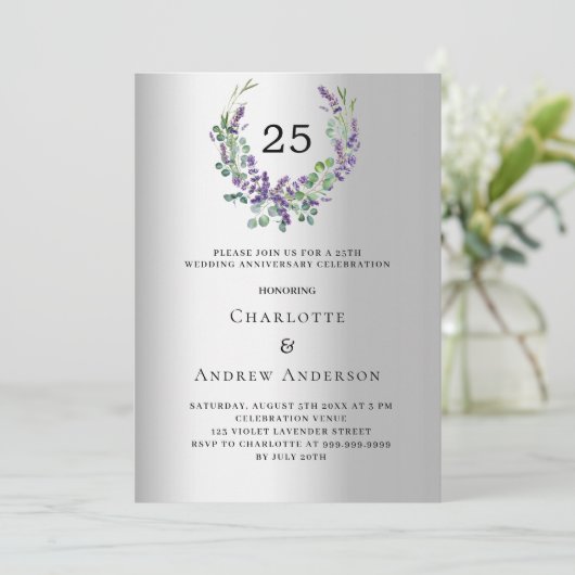 Lavendel Blumen Silber 25. Hochzeitstag Einladung (Stehend Vorderseite)