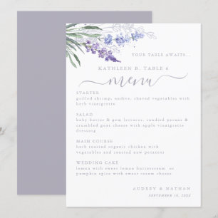 Lavendel-Blumen-Tischnummer-Hochzeitsmenü Menükarte