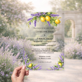 Lavendel Blumen Zitronen Luxus klare Hochzeit  Acryleinladungen