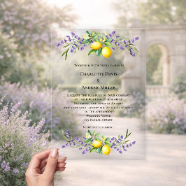 Lavendel Blumen Zitronen Luxus klare Hochzeit  Acryleinladungen