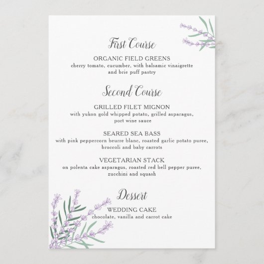 Lavendel-Blumenhochzeits-Menü Menükarte (Vorderseite)