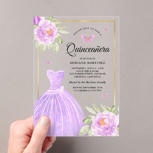 Lavendel Blumenkleid Butterfly Gold Quinceanera Acryleinladungen (Insitu (Handheld))