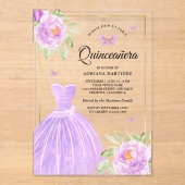 Lavendel Blumenkleid Butterfly Gold Quinceanera Acryleinladungen (Vorderseite)