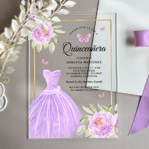 Lavendel Blumenkleid Butterfly Gold Quinceanera Acryleinladungen