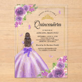 Lavendel Blumenkleid Butterfly Gold Quinceanera Acryleinladungen (Vorderseite)