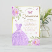 Lavendel Blumenkleid Butterfly Gold Quinceanera Einladung (Stehend Vorderseite)