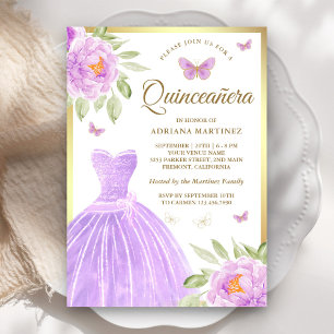 Lavendel Blumenkleid Butterfly Gold Quinceanera Einladung