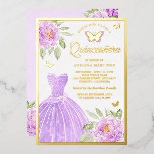 Lavendel Blumenkleid Butterfly Quinceanera Gold Folieneinladung