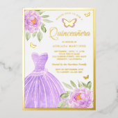 Lavendel Blumenkleid Butterfly Quinceanera Gold Folieneinladung (Vorderseite)