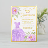 Lavendel Blumenkleid Butterfly Quinceanera Gold Folieneinladung (Stehend vorne)