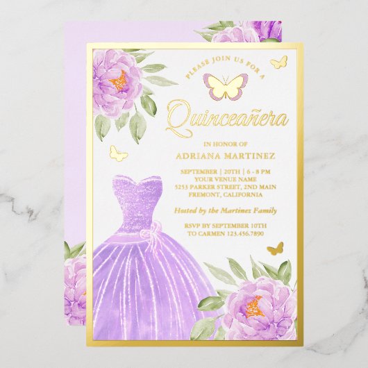 Lavendel Blumenkleid Butterfly Quinceanera Gold Folieneinladung (Vorderseite/Rückseite)