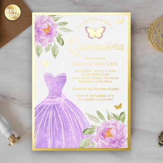 Lavendel Blumenkleid Butterfly Quinceanera Gold Folieneinladung