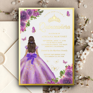 Lavendel Blumenkleid Butterfly Quinceanera Gold Folieneinladung