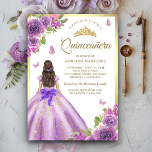 Lavendel-Blumenkleid Schmetterling Gold Quinceaner Einladung