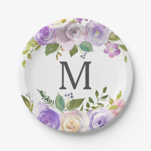 Lavendel Blumenmonogramm Junggesellinnen-Abschied Pappteller