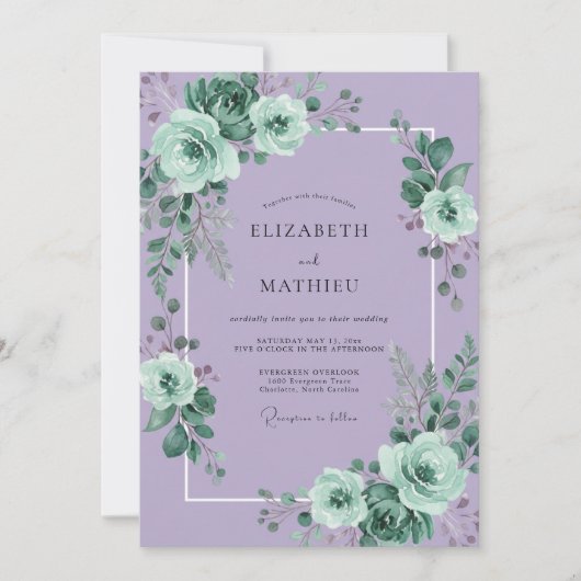 Lavendel-Blumenrand-Hochzeit Einladung (Vorderseite)