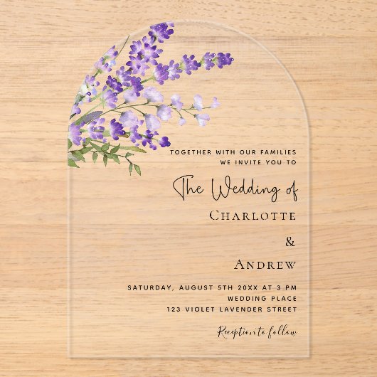 Lavendel-Blüten Violett-Hochzeit Acryleinladungen (Vorderseite)