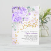 Lavendel Blütengold Glitzer Butterfly Babydusche Einladung (Stehend Vorderseite)