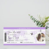 Lavendel Boarding Pass Hochzeit Save The Date (Stehend Vorderseite)